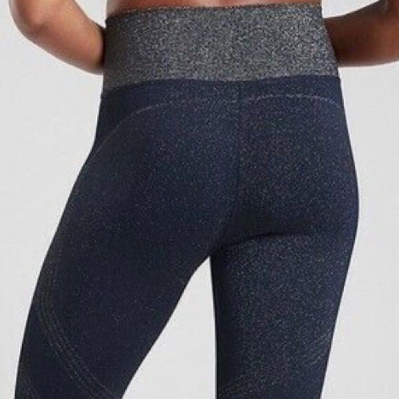 Athleta Twilight Tight Navy Sparkly Silver Metallic High Waisted Leggings Size L - Picture 3 of 15